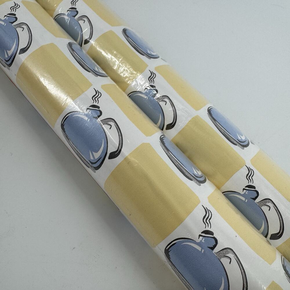 Contact Paper Self-Adhesive NOS Tea Kettle Blue Yellow & White 24ft X 18in 1999